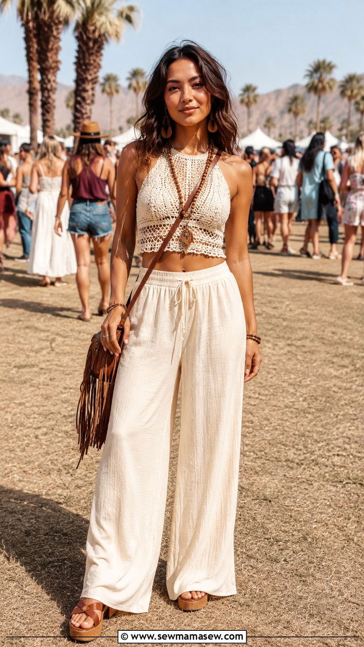 Crochet Top With Flowy Wide Leg Pants - 25 Petite outfit ideas for concert