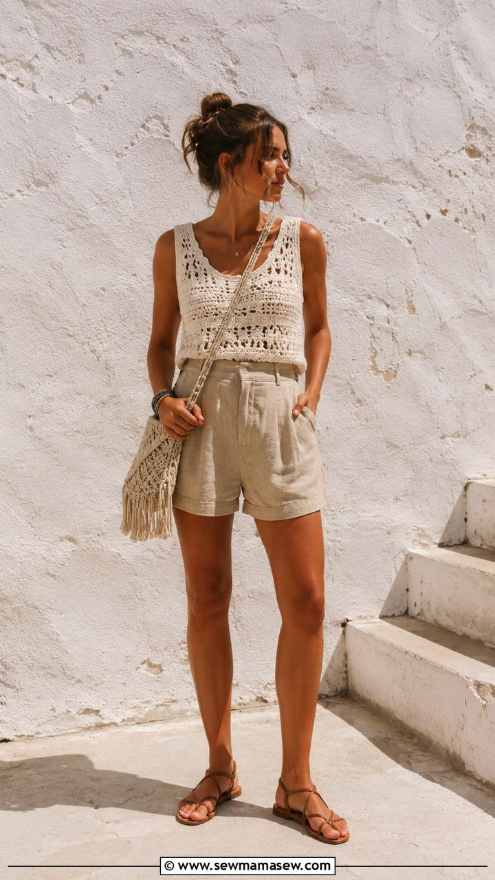 Crochet Top With High Waisted Linen Shorts And Sandals - 30 spring vintage outfit ideas