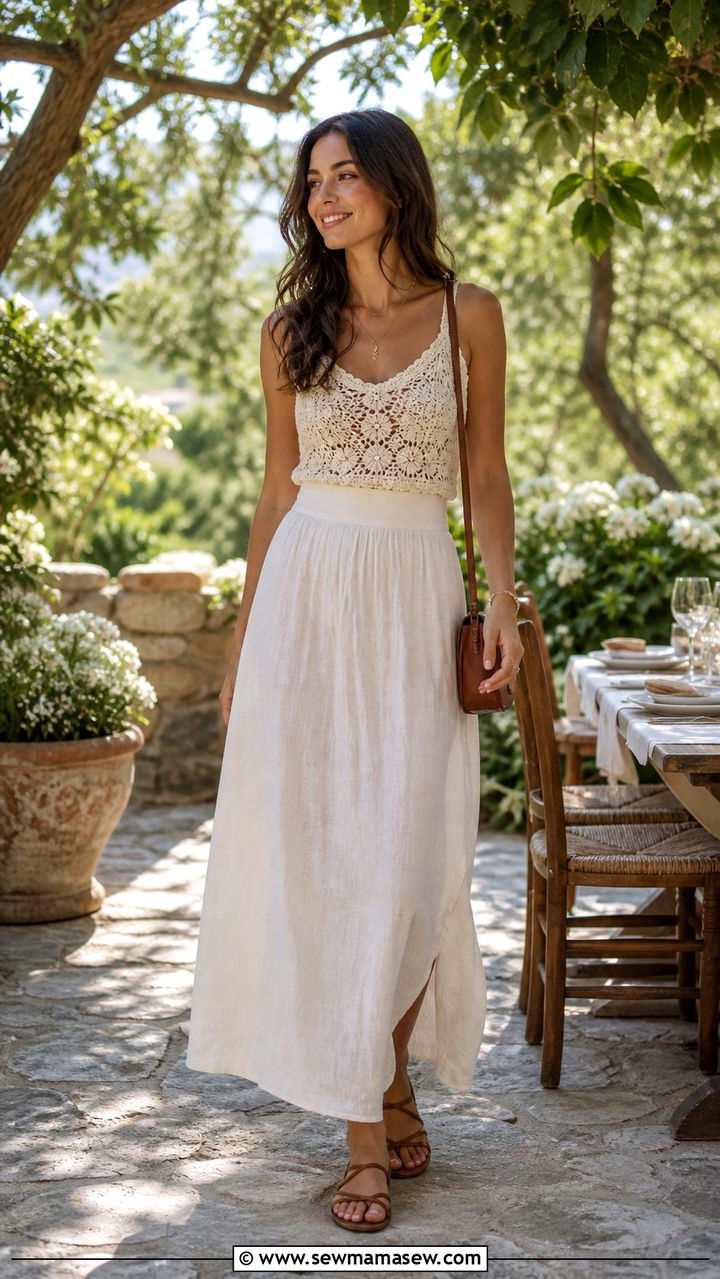 Crochet Top With High Waisted Linen Skirt And Flat Sandals - 40 dinner outfits for women