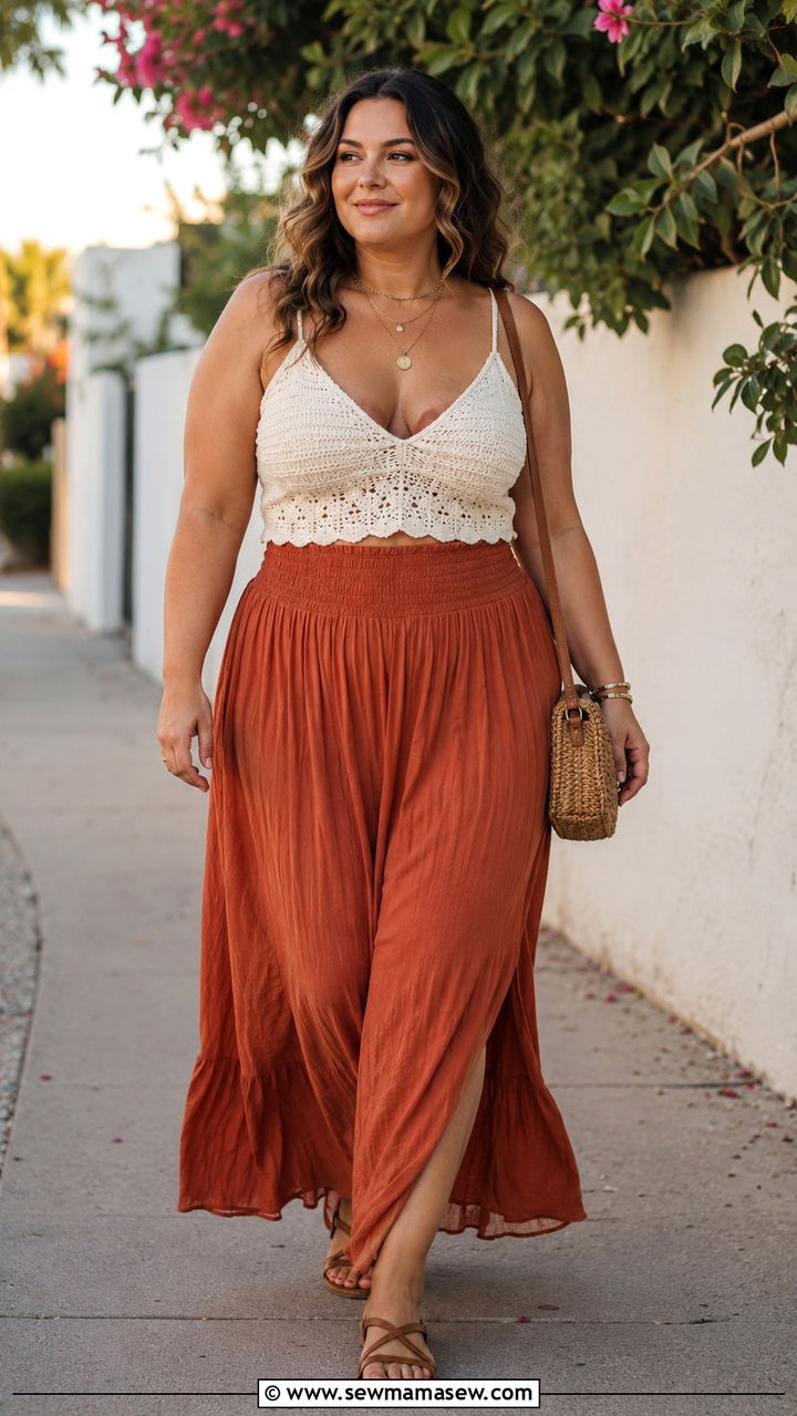 Crochet Top With High Waisted Maxi Skirt - 25 Plus size outfit ideas boho