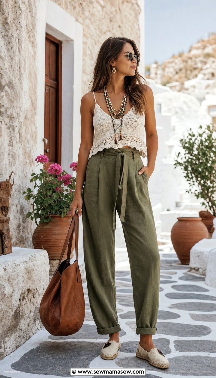 Crochet Top With High Waisted Trousers - 25 Spring week in Greece outfits