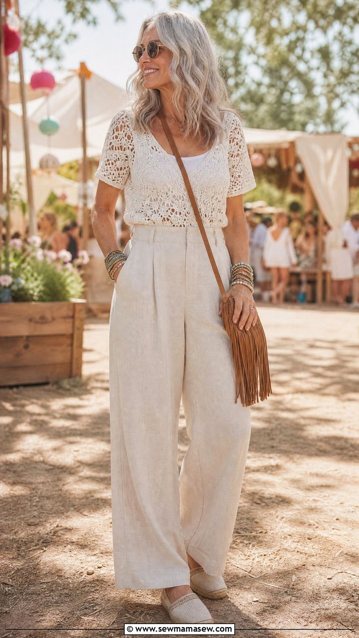 Crochet Top With High Waisted Trousers - 30 Concert outfit ideas for women over 50