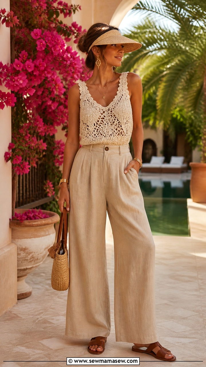 Crochet Top With High Waisted Wide Leg Linen Pants - 40 Marrakech outfit ideas