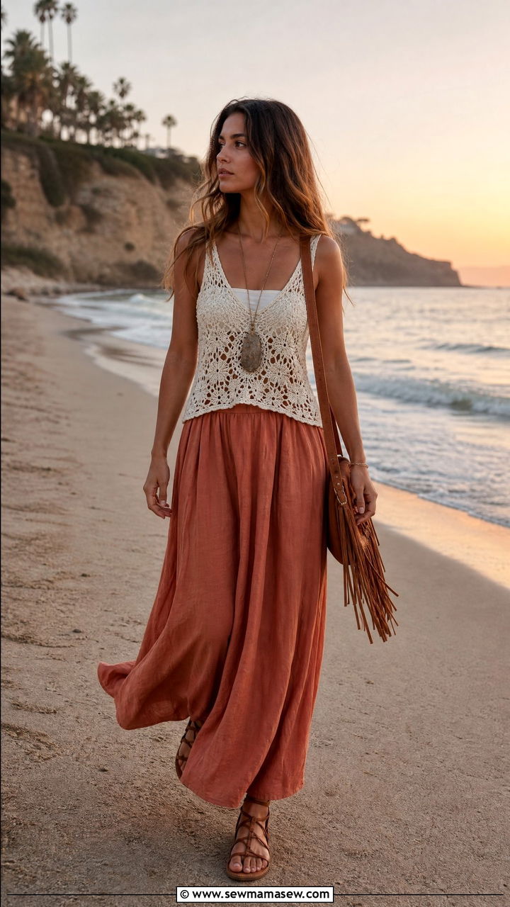 Crochet Top With Linen Maxi Skirt - 25 Beach walk outfit ideas