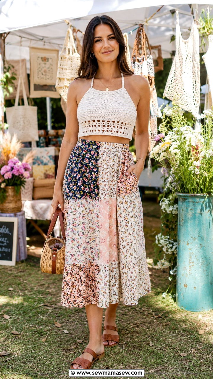 Crochet Top With Patchwork Skirt - 30 Late April outfit ideas