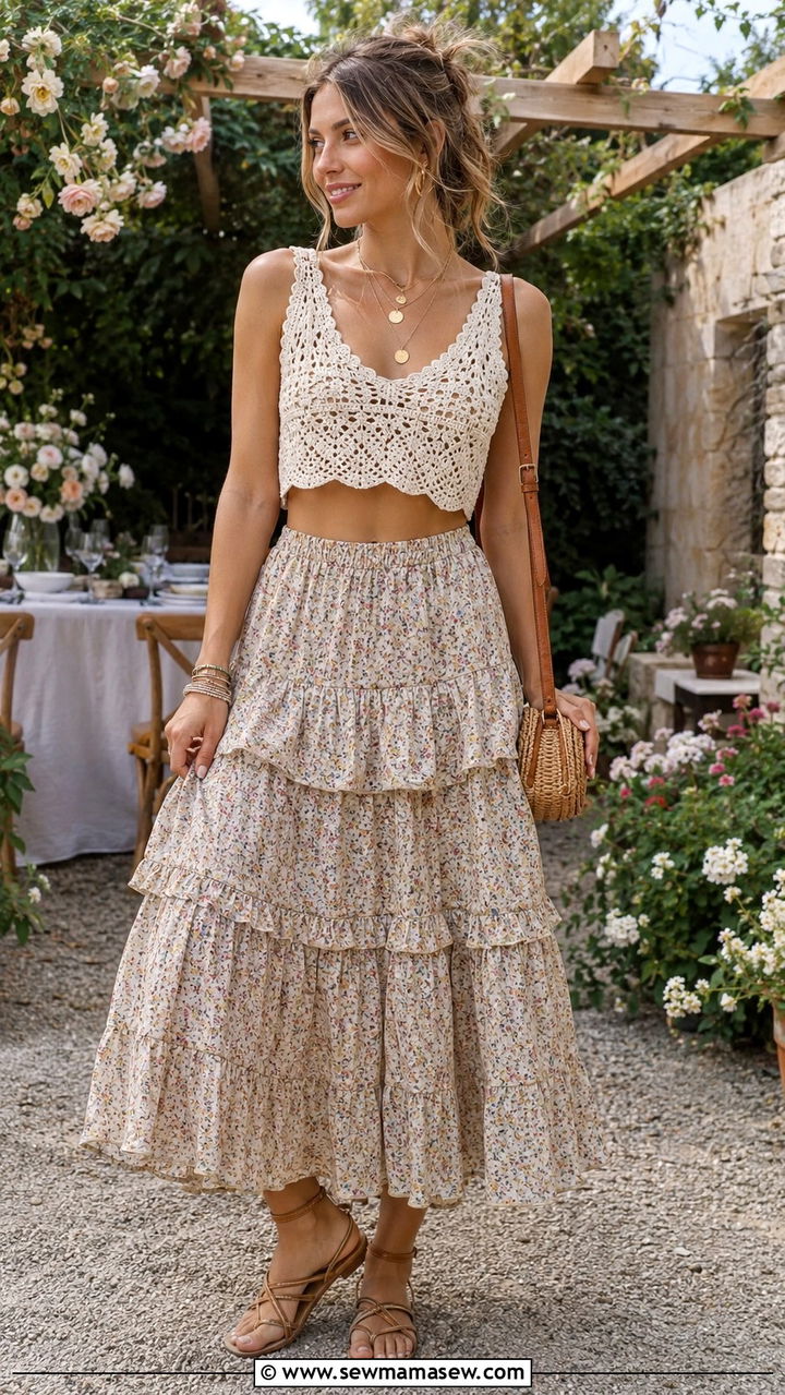 Crochet Top With Ruffled Tiered Skirt - 25 boho chic outfits aesthetic