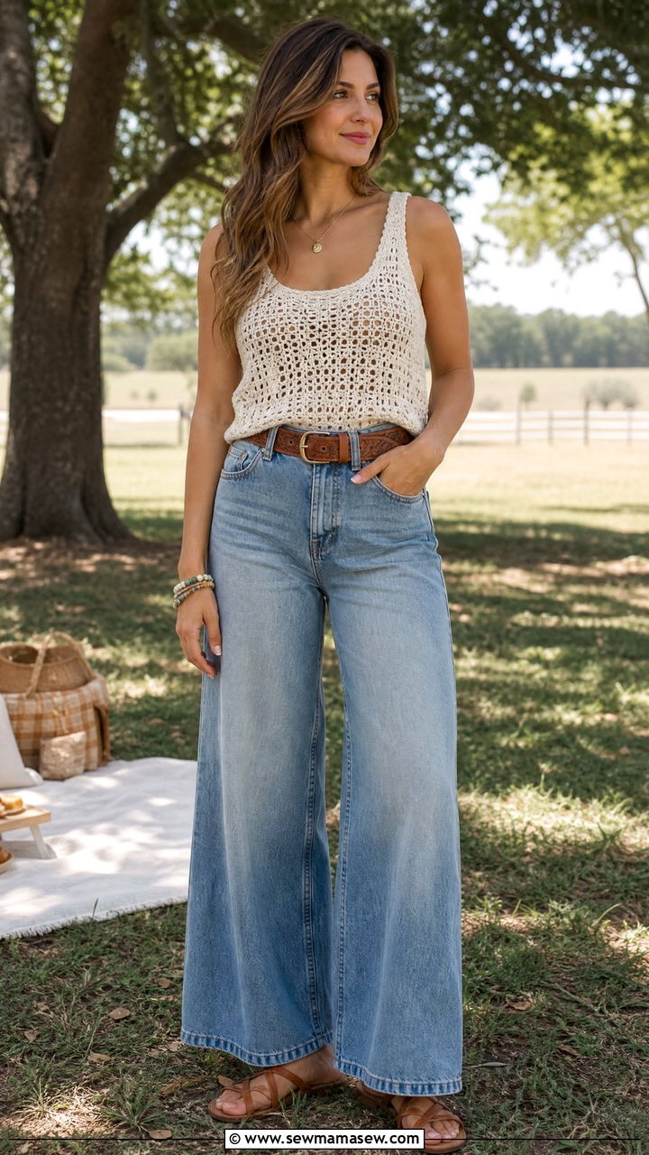 Crochet Top With Wide Leg Jeans And Flat Sandals - 30 Summer outfits with wide leg jeans