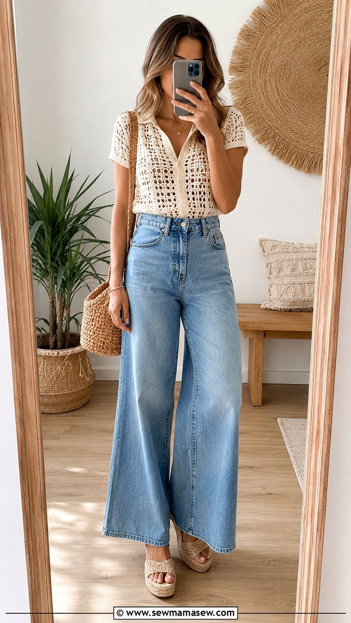 Crochet Top With Wide Leg Jeans Boho Look - 20 Boho outfit ideas Free People style