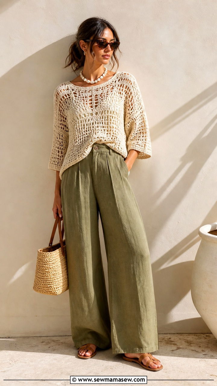 Crochet Top With Wide Leg Linen Pants - 40 Boho spring outfits