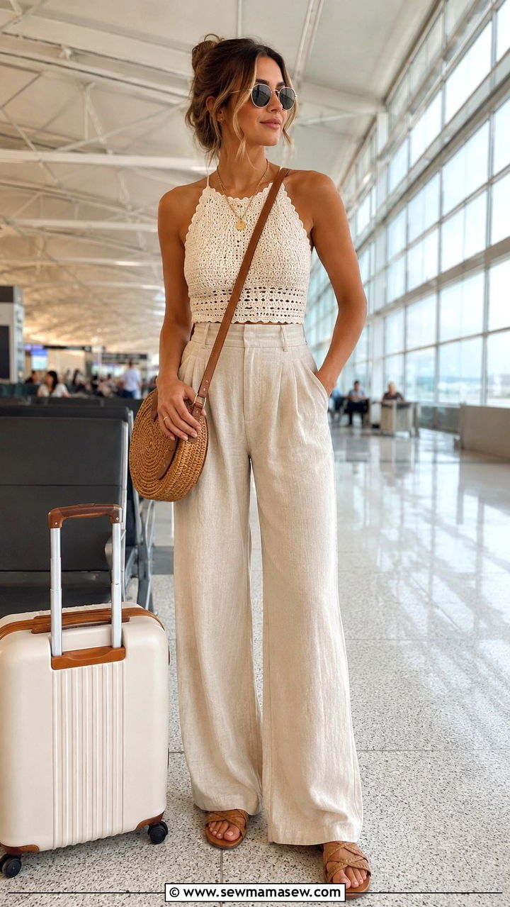 Crochet Top With Wide Leg Linen Trousers - 25 Airport outfit ideas summer 2026