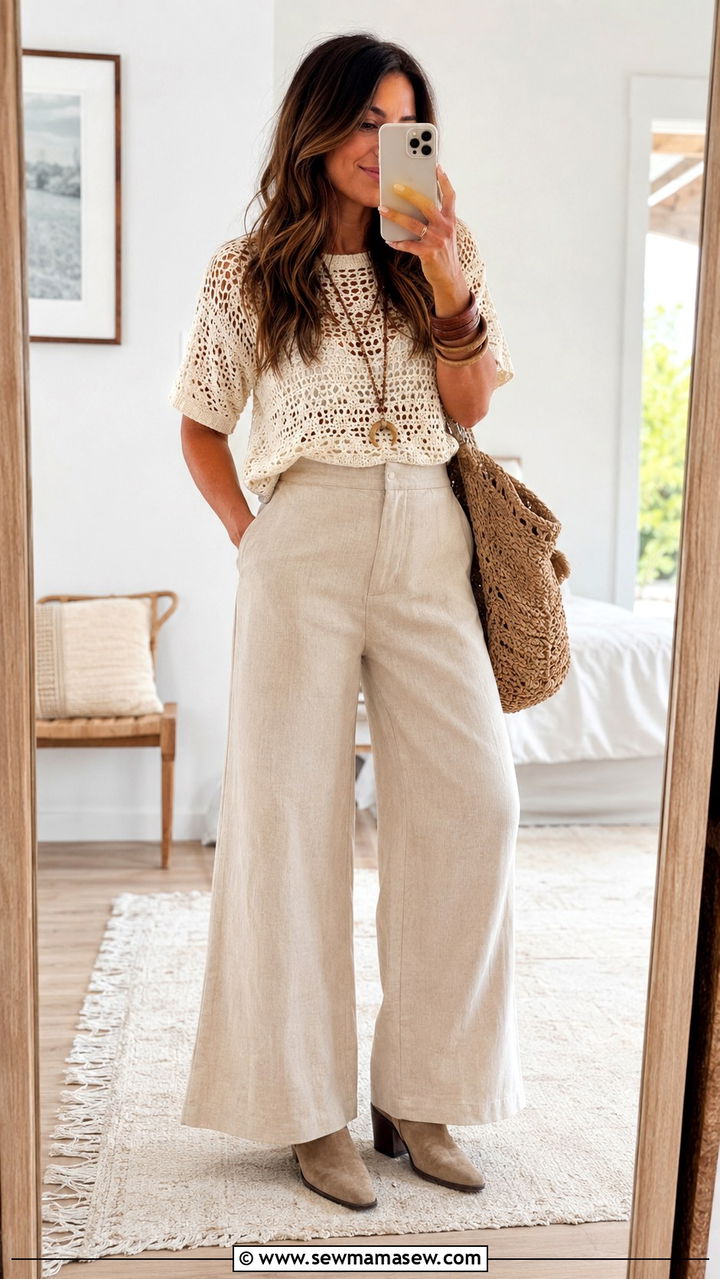 Crochet Top With Wide Leg Pants And Suede Boots - 25 Boho outfit ideas with suede boots