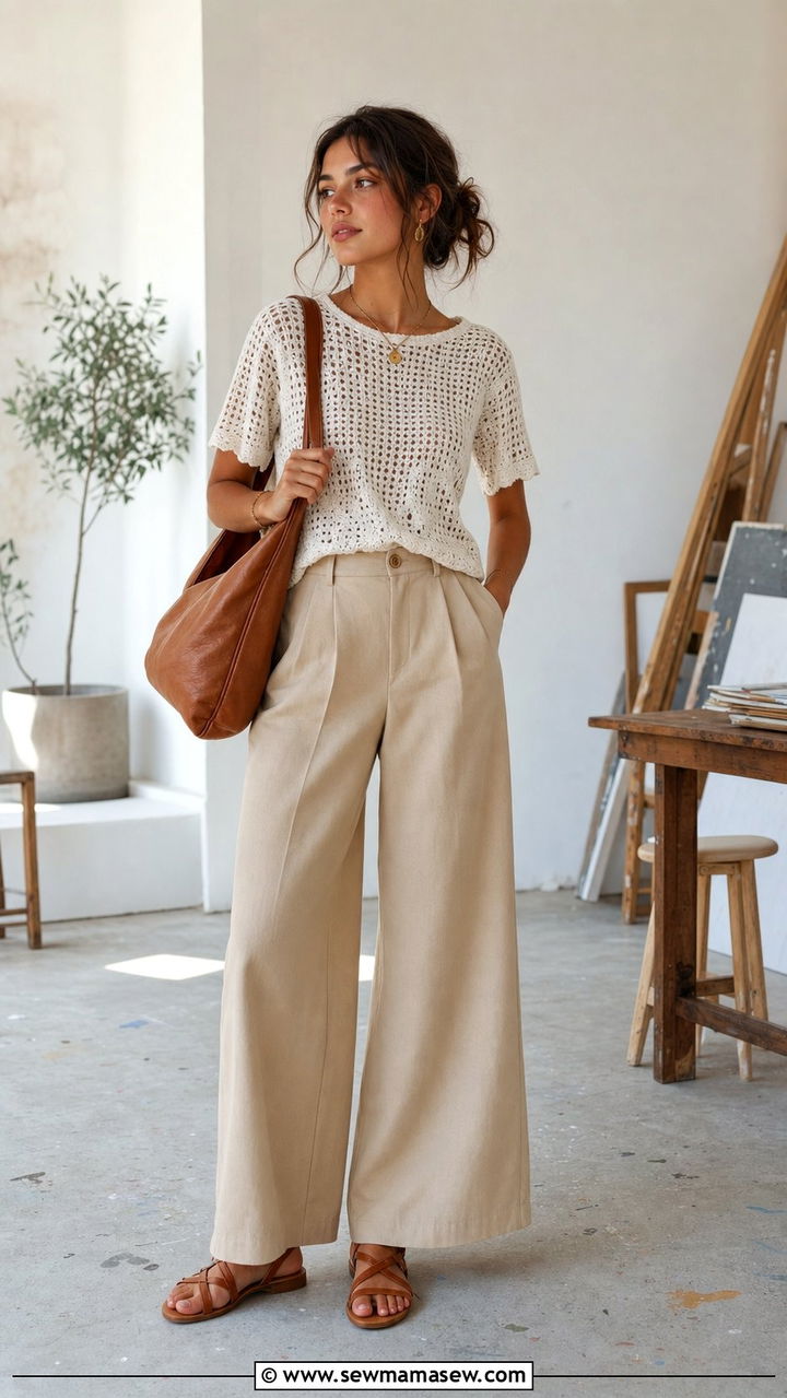 Crochet Top and High Waist Wide Leg Trousers - 25 Clean girl outfit ideas for school