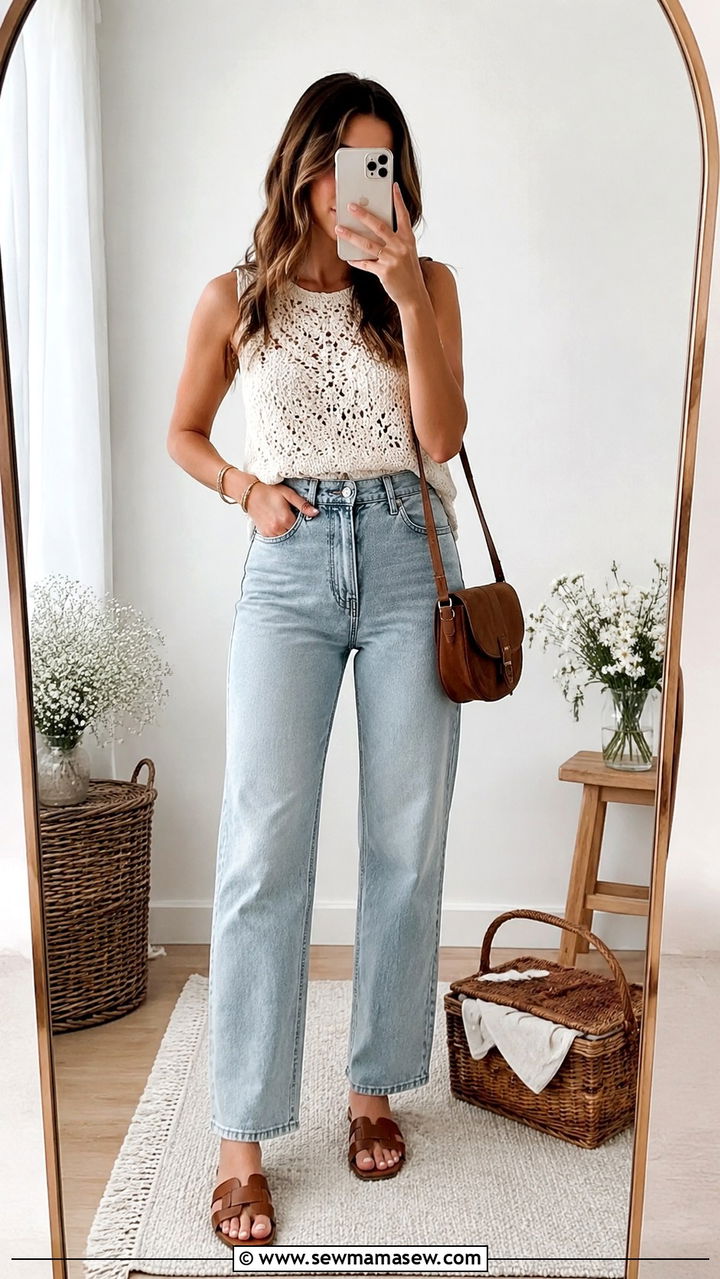 Crochet Top and High Waisted Jeans Outfit - 30 Spring outfit inspiration