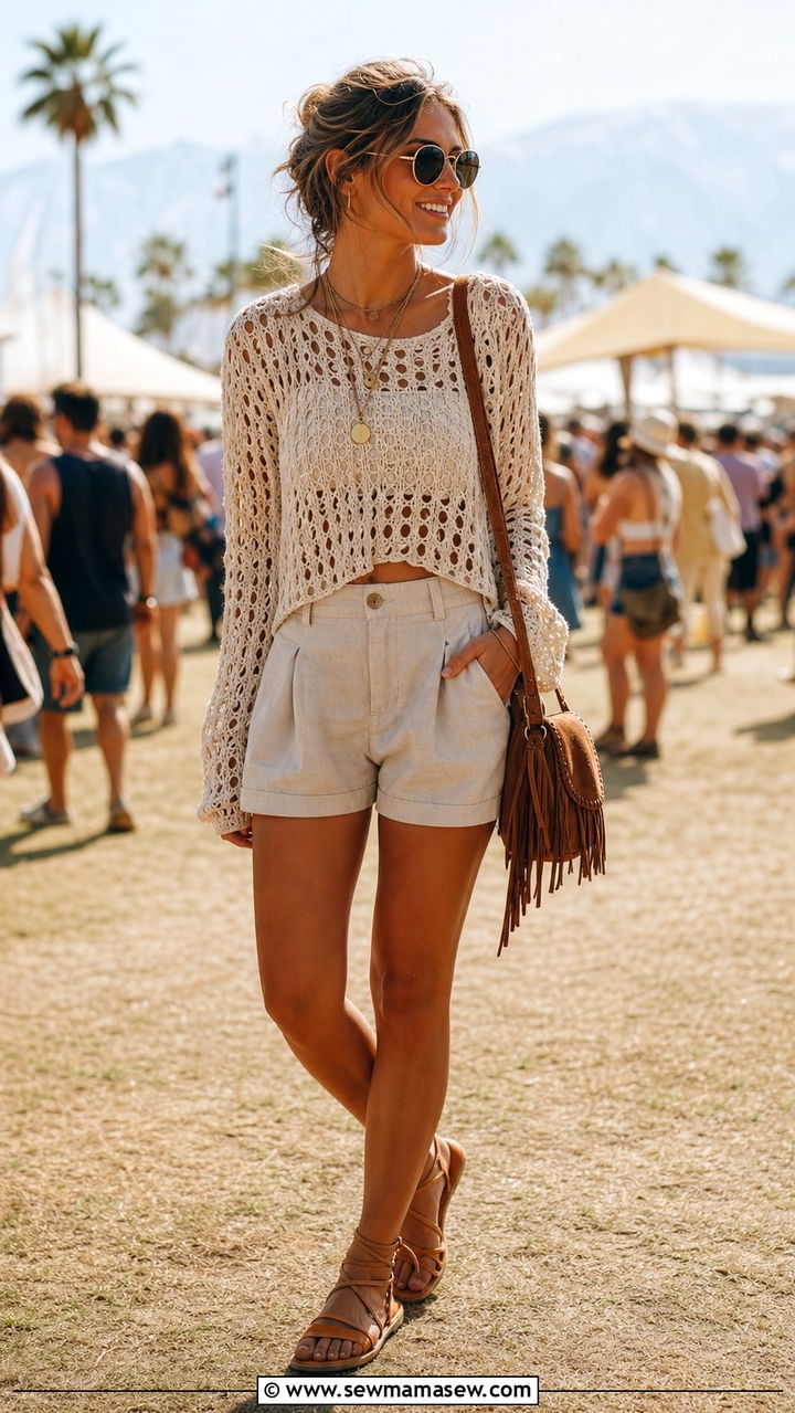 Crochet Top and High Waisted Shorts Outfit - 25 summer easy outfit formulas