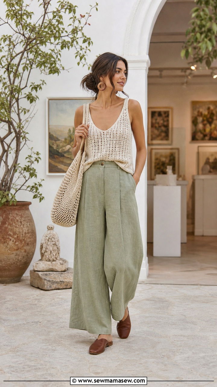 Crochet Top and Linen Trousers - 40 summer cottagecore outfits