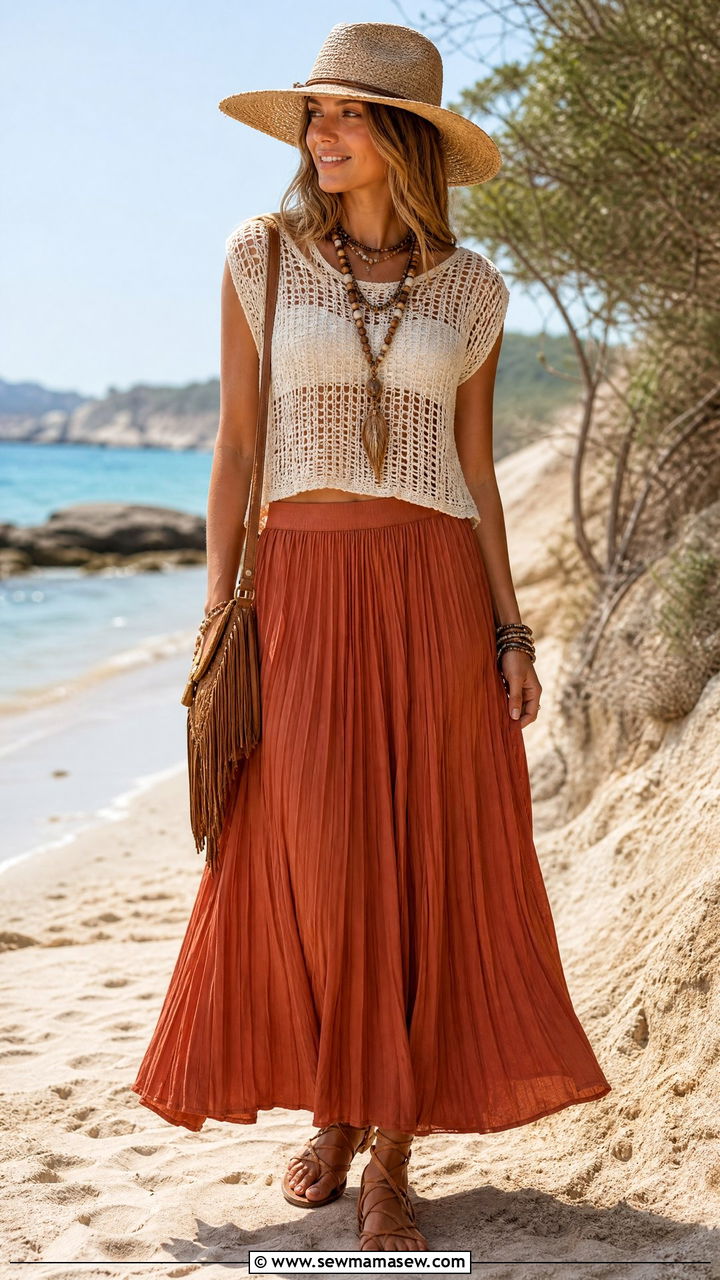 Crochet Top and Pleated Maxi Skirt Beach Outfit - 30 Summer outfits with pleated skirts