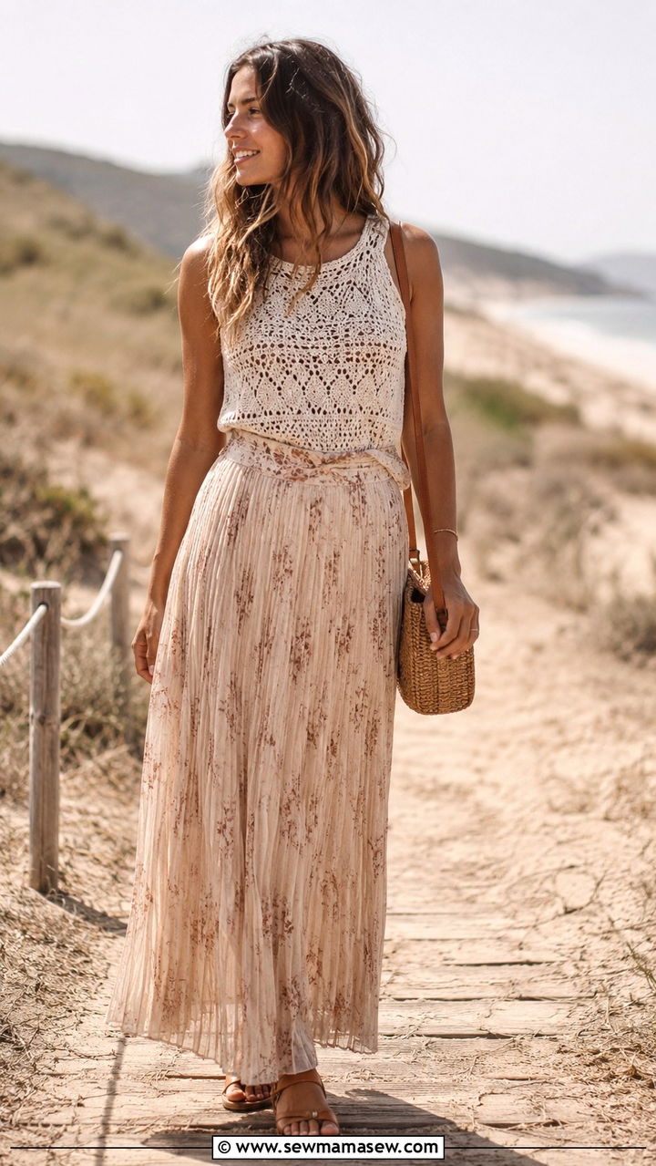 Crochet Top and Pleated Maxi Skirt with Flat Sandals - 30 Pleated skirt outfit ideas for summer