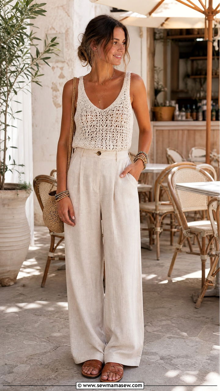 Crochet Top and Wide Leg Linen Pants - 25 Laid back summer outfit ideas 2026