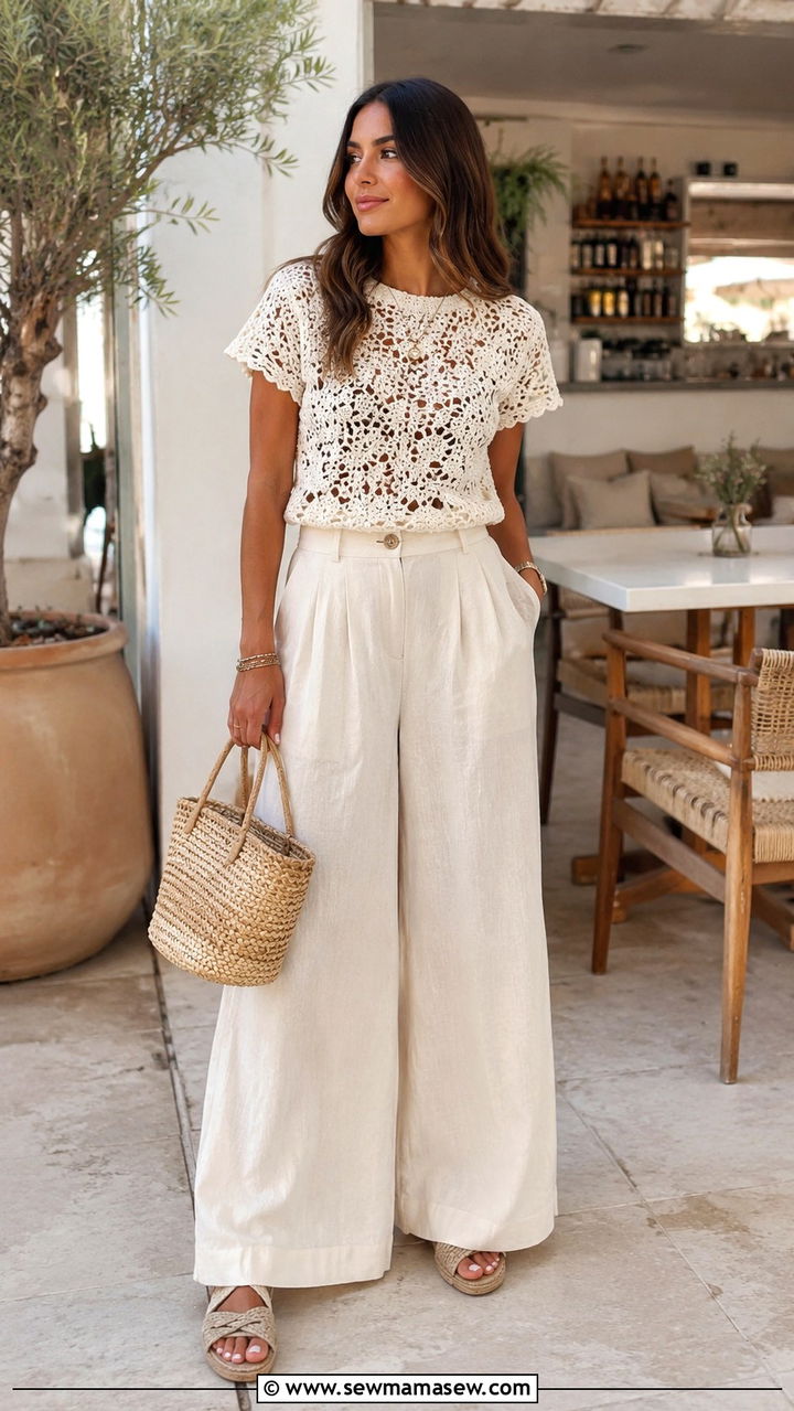 Crochet Top and Wide Leg Pants Mid June Outfit - 25 Mid June outfit ideas