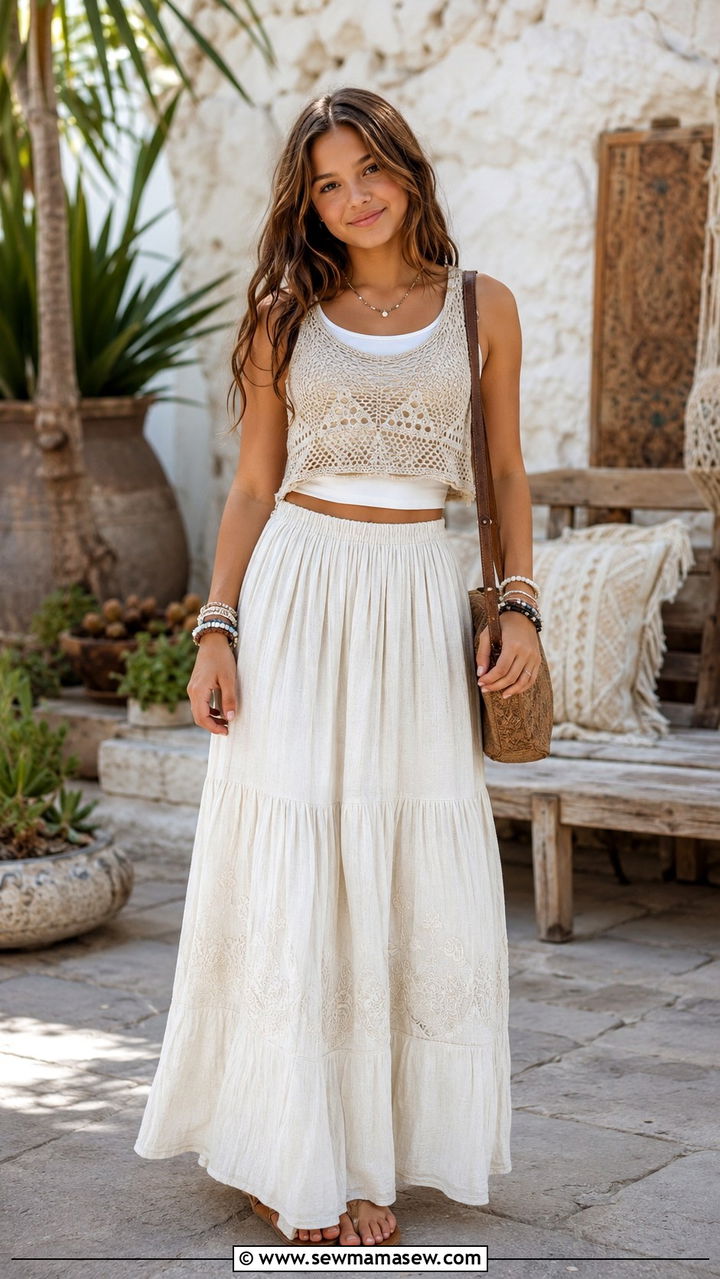 Crochet Top over Tank with Maxi Skirt Outfit - 25 School outfit ideas for teens spring 2026