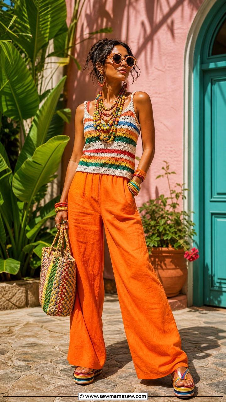 Crochet Top with Colorful Beaded Jewelry Outfit - 35 maximalist outfits aesthetic