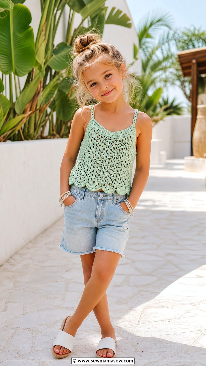 Crochet Top with Denim Shorts - 30 Summer outfits for little girls