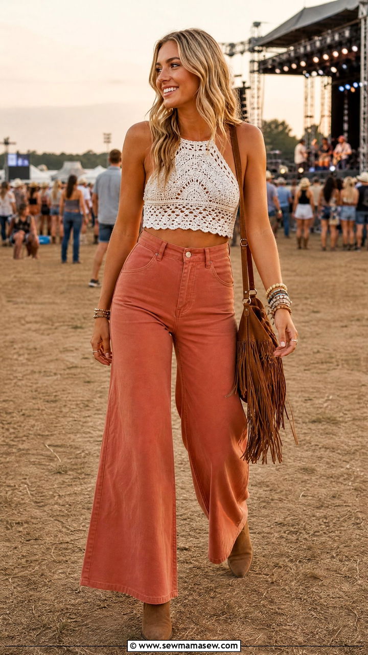 Crochet Top with Flowy Wide Leg Pants and Suede Boots - 30 Luke Bryan concert outfit ideas