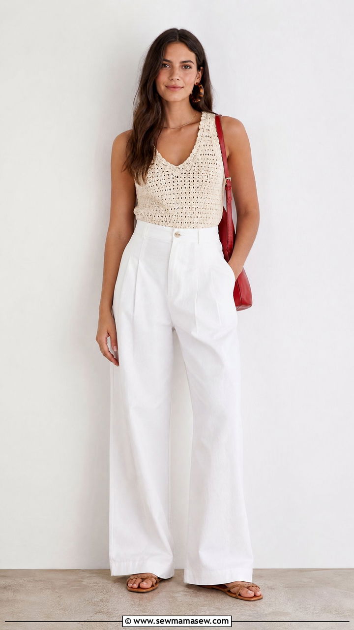 Crochet Top with High Waist White Trousers and Flat Sandals - 35 Memorial Day weekend outfit ideas