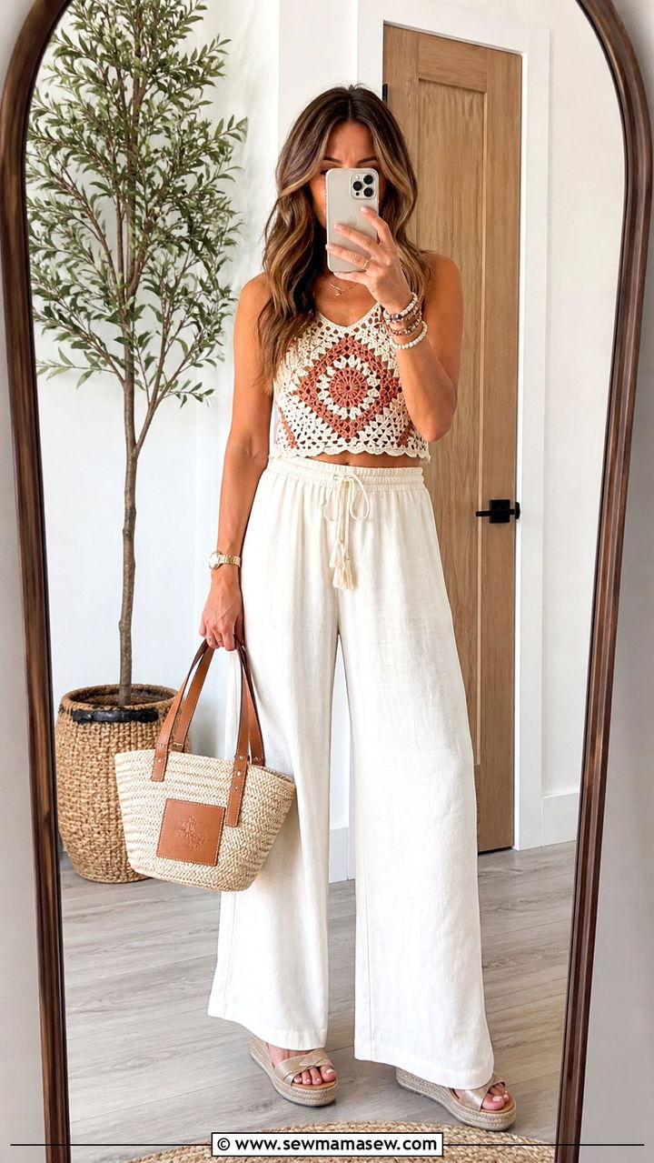 Crochet Top with High Waisted Wide Leg Linen Pants and Wedge Sandals - 40 Spring weekend outfit ideas