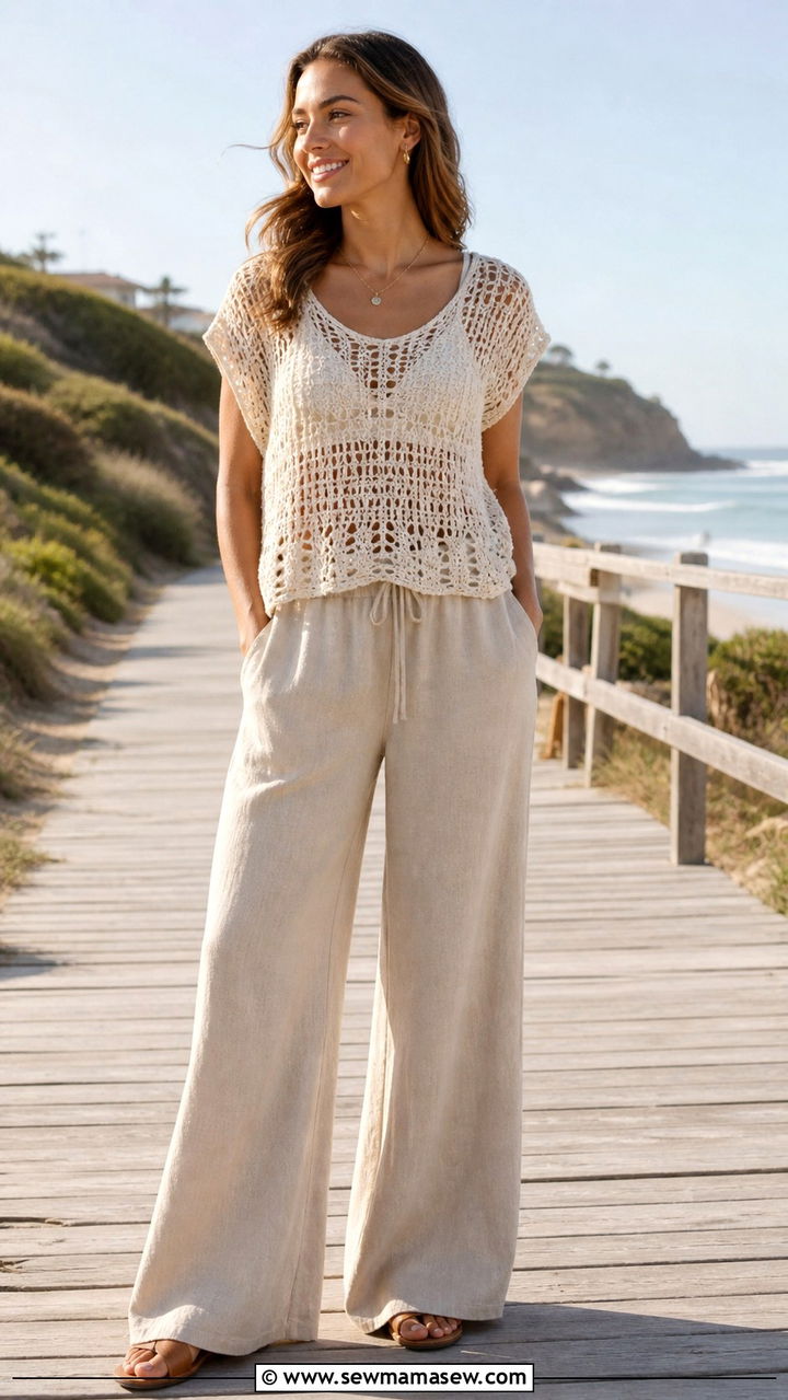 Crochet Top with Wide Leg Linen Pants - 40 cute spring outfit ideas