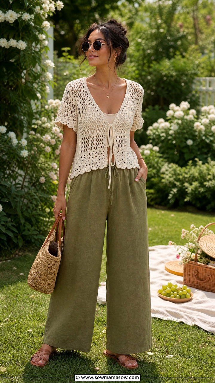 Crochet Top with Wide Leg Pants - 30 summer picnic outfit ideas