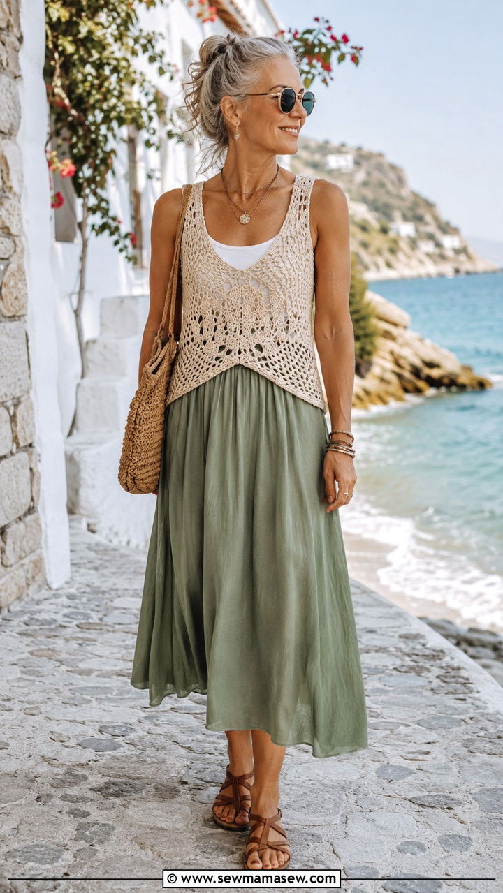 Crochet Top with a Flowy Midi Skirt - 30 Boho outfit ideas for women over 50