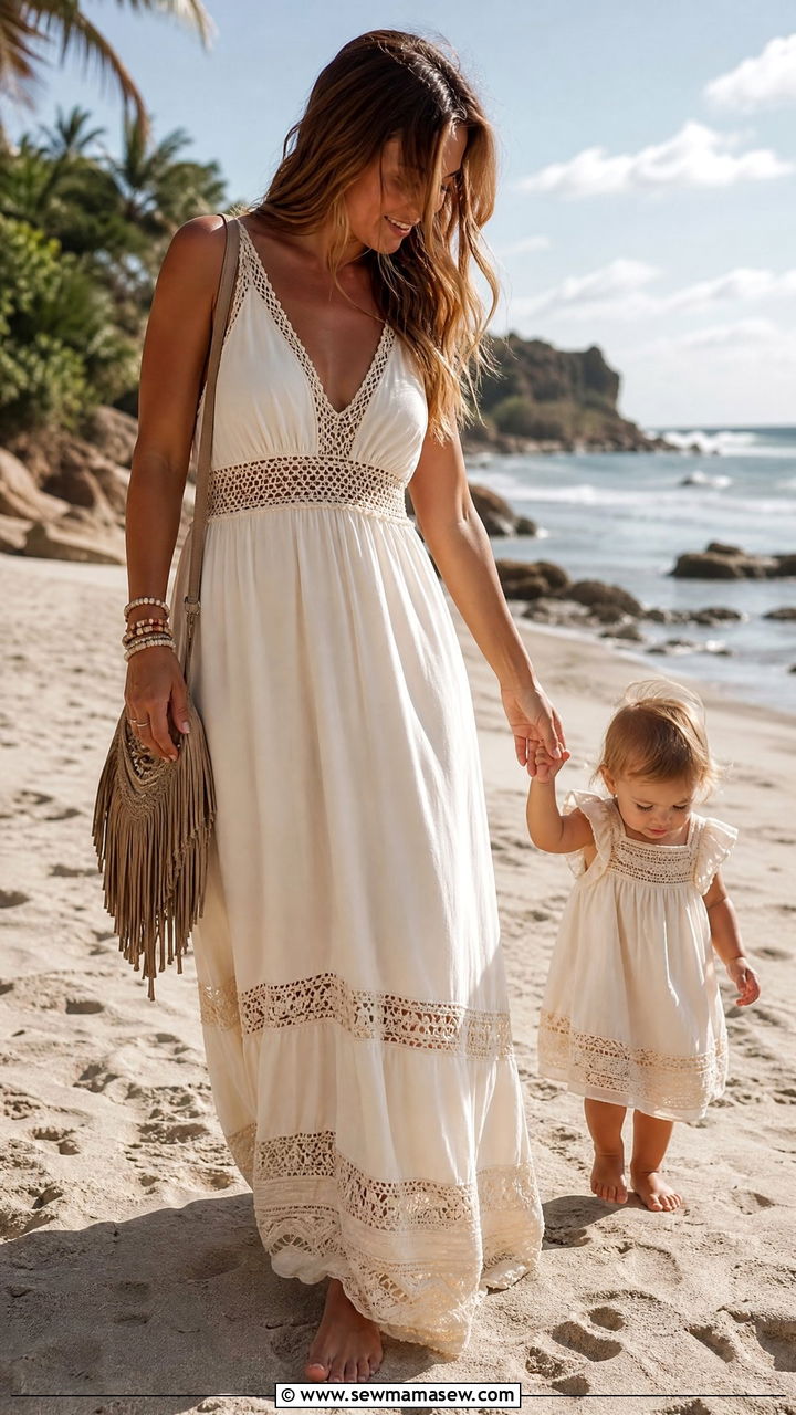 Crochet Trim Maxi Dress With Flat Leather Sandals - 25 Wedding guest outfit ideas with kids in tow