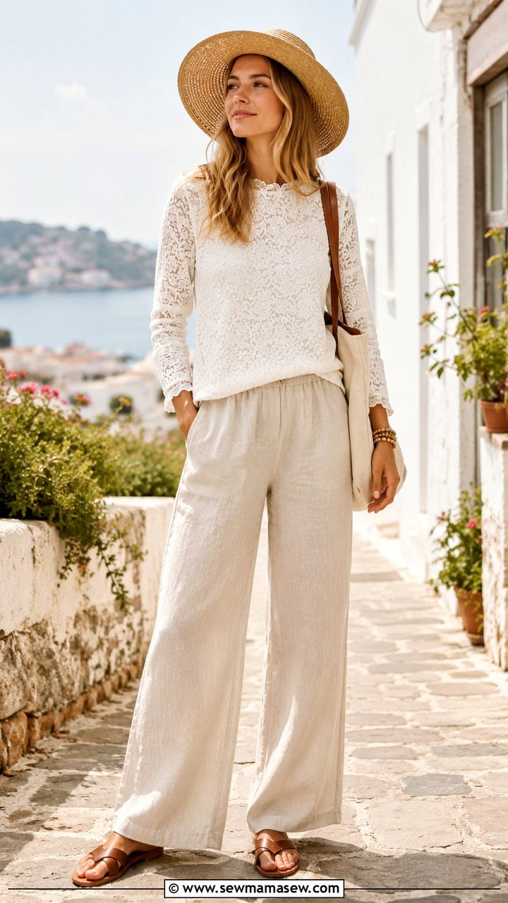 Crochet Trim Top With Linen Trousers - 20 Boho outfit ideas Dôen style