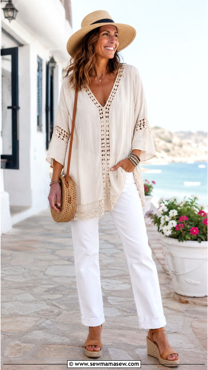 Crochet Trim Tunic with White Jeans and Espadrille Wedges - 25 Outfit ideas for apple shape 2026