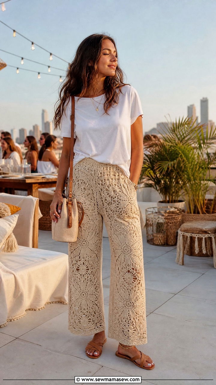 Crochet Trousers And Simple Tee - 30 Summer outfits with trousers