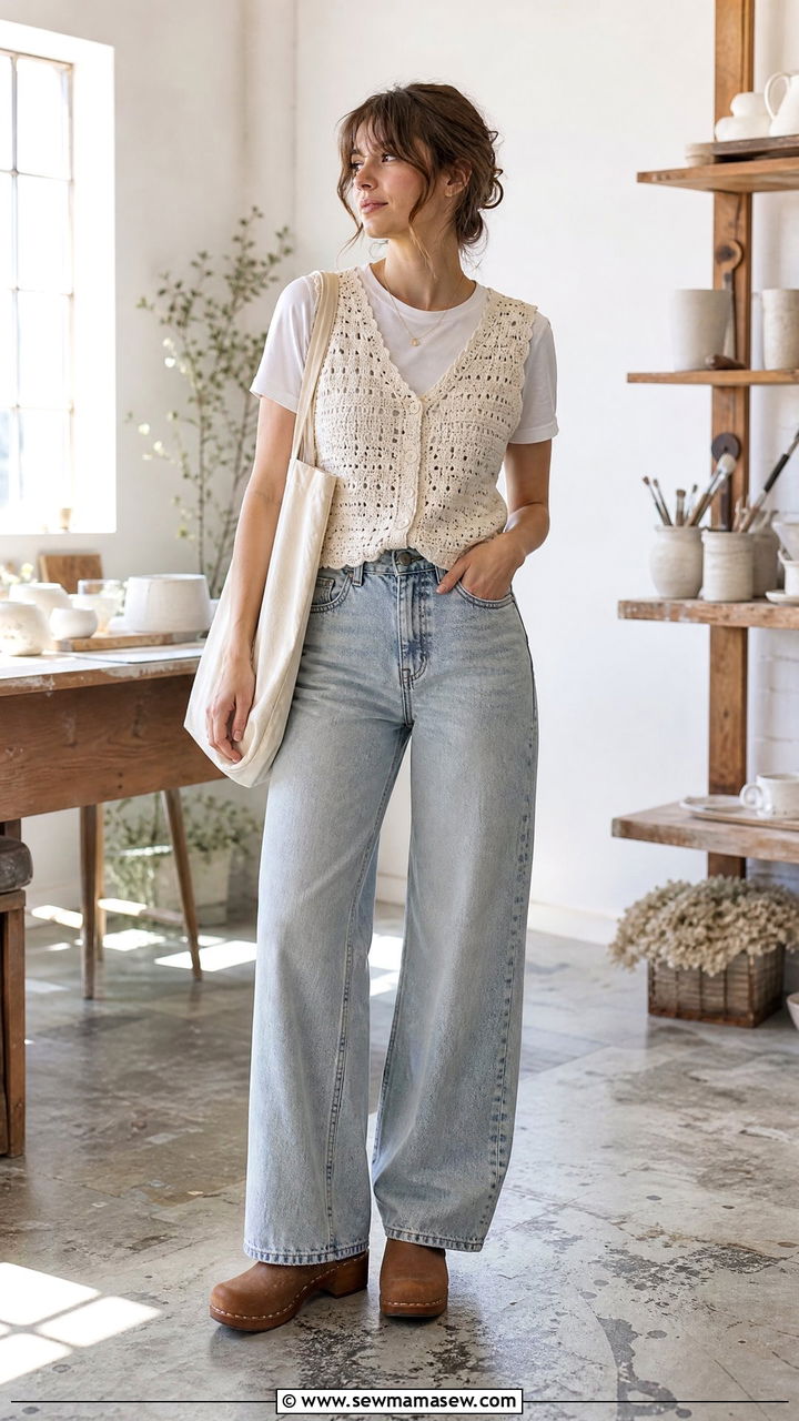 Crochet Vest And Wide Leg Jeans Outfit - 25 light academia outfits 2026