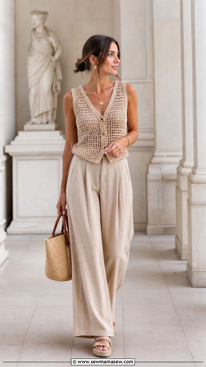 Crochet Vest And Wide Leg Pants With Espadrilles - 30 Crochet matching set outfit ideas summer