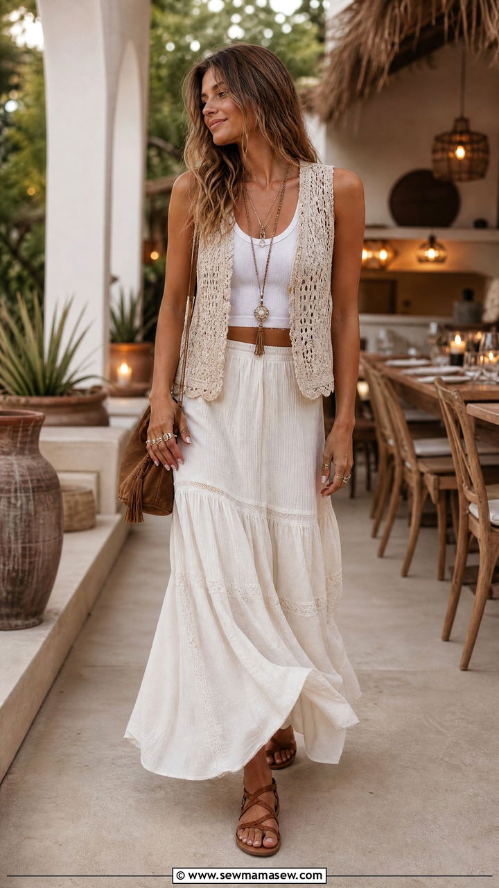 Crochet Vest Cover Up With a Maxi Skirt - 30 Crochet cover up outfit ideas