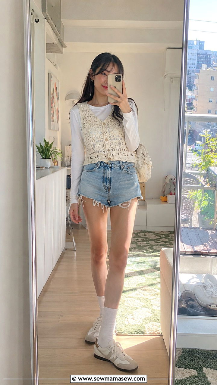 Crochet Vest Layered Over Long Sleeve Tee With Denim Shorts - 30 Tokyo outfit ideas