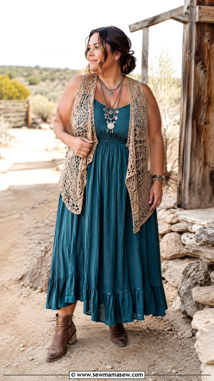 Crochet Vest Over A Boho Dress - 30 Boho outfits for curvy women