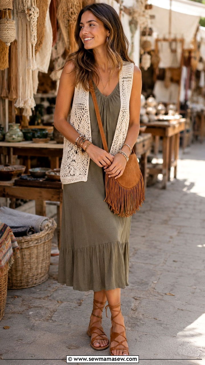 Crochet Vest Over A Cotton Midi Dress - 30 boho capsule wardrobe outfits