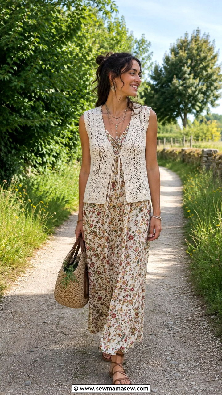 Crochet Vest Over A Maxi Dress - 30 casual fairycore outfits