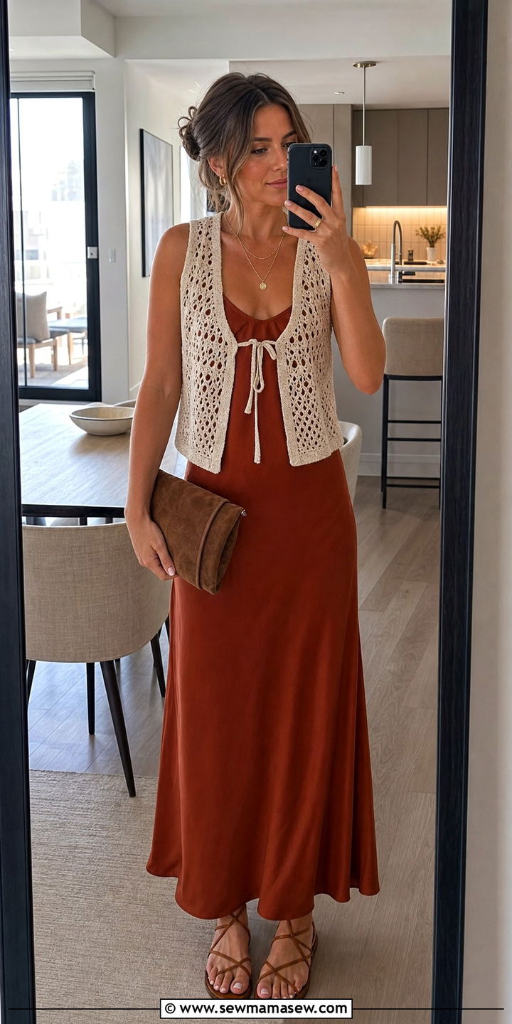 Crochet Vest Over A Slip Dress - 35 boho outfit ideas for women