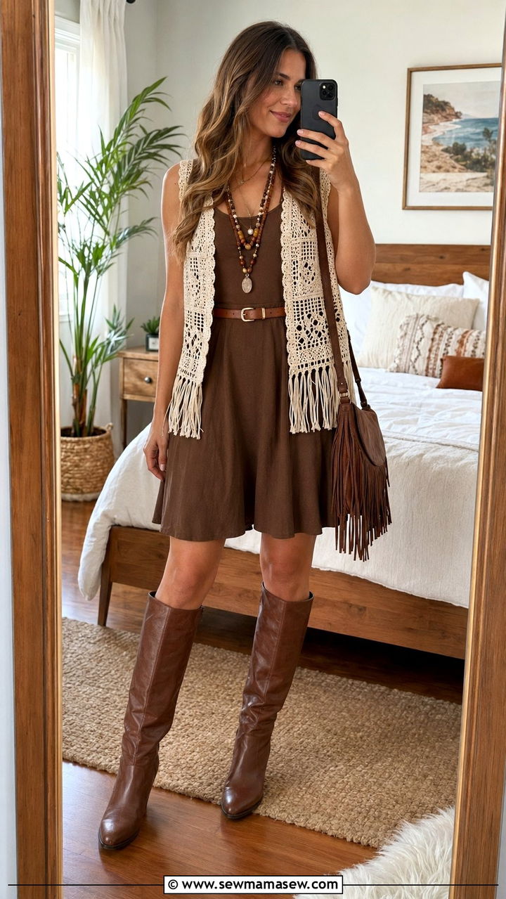 Crochet Vest Over Flared Dress - 35 70s outfit ideas