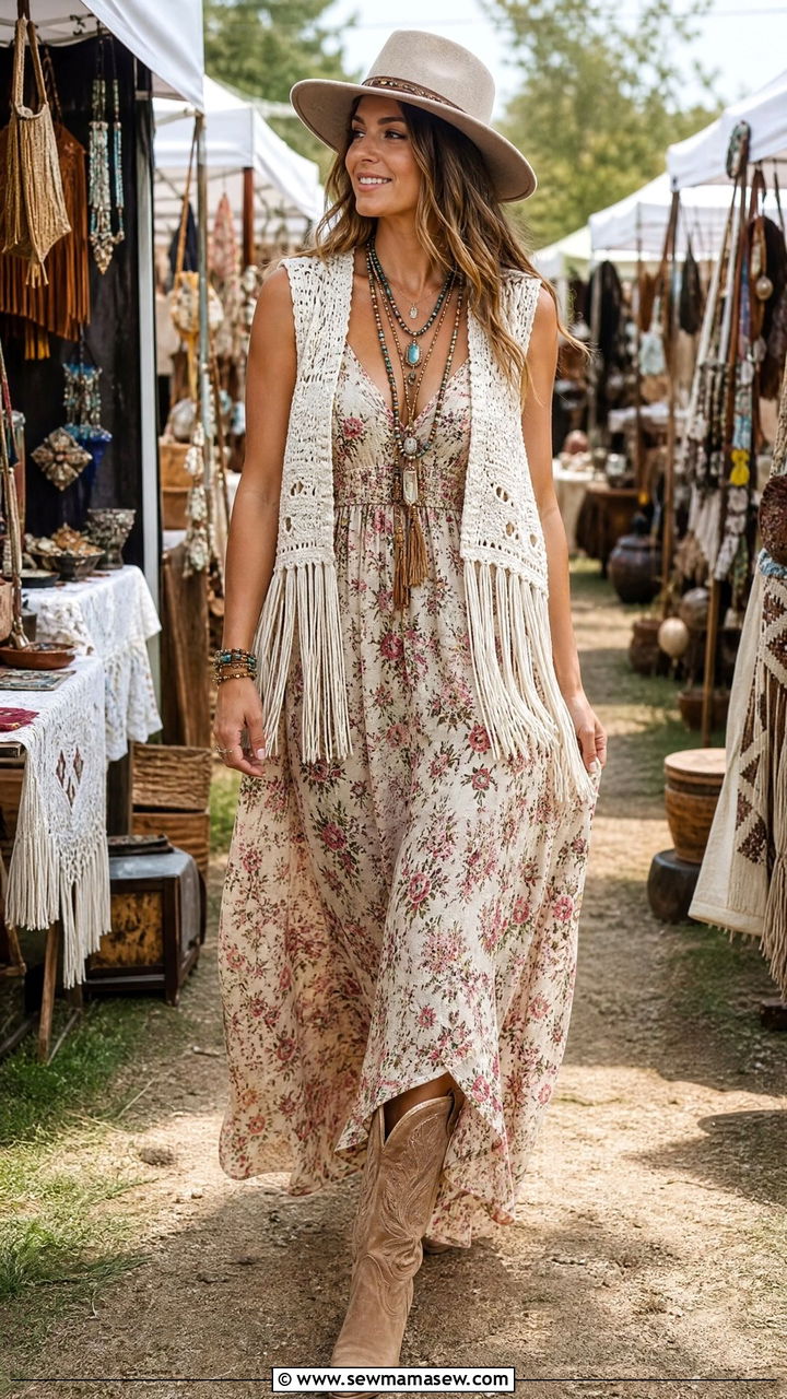Crochet Vest Over Floral Maxi Dress Boho Western Outfit - 40 summer western outfits