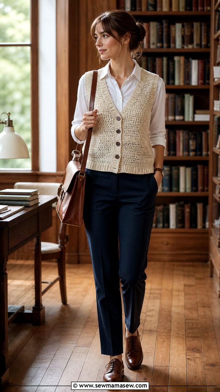 Crochet Vest With Button Down And Trousers - 40 teacher outfits ideas