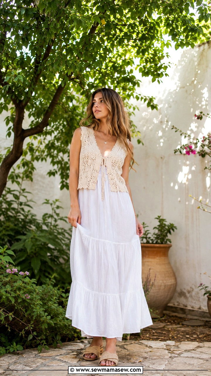 Crochet Vest With Cotton Maxi Dress and Slide Sandals - 30 Late spring outfits