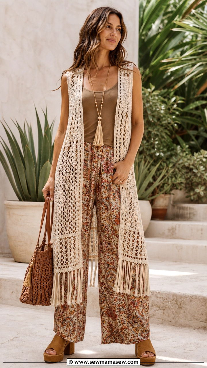 Crochet Vest With Printed Wide Leg Pants - 40 boho chic outfits