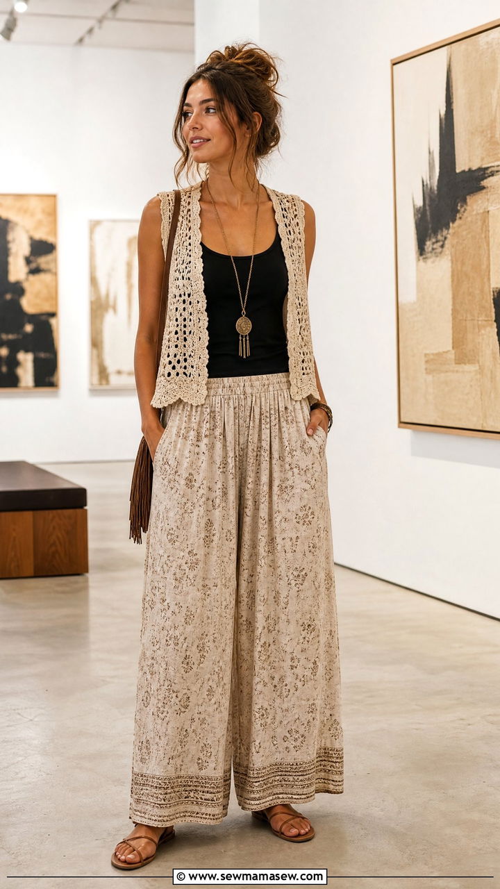 Crochet Vest with Black Tank Top and Flowy Palazzo Pants - 30 Boho capsule wardrobe